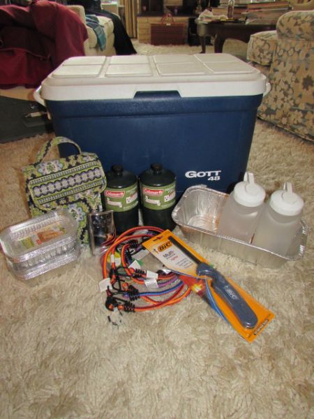 CAMPING SUPPLIES - GOTT ICE CHEST, PROPANE REFILLS & MORE 