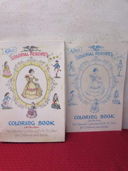 VTG KIMS Colonial Heronies Large Coloring Book & Kuddly Kittens Sketches w  Box