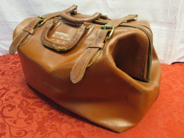 VINTAGE LEATHER DOCTORS BAG, STETHESCOPE, BLOOD PRESSURE CUFF, RED CROSS COTTON & MORE