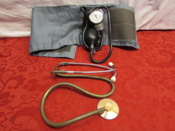 VINTAGE LEATHER DOCTORS BAG, STETHESCOPE, BLOOD PRESSURE CUFF, RED CROSS COTTON & MORE