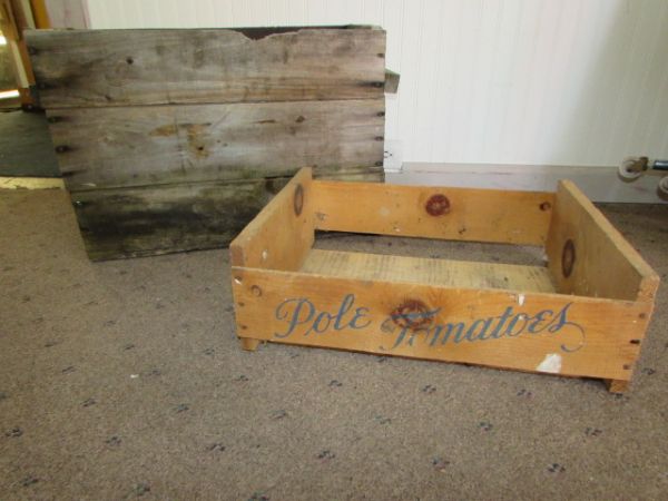 RUSTIC WOODEN POLE TOMATOES CRATE & PRIMITIVE WOOD BOX