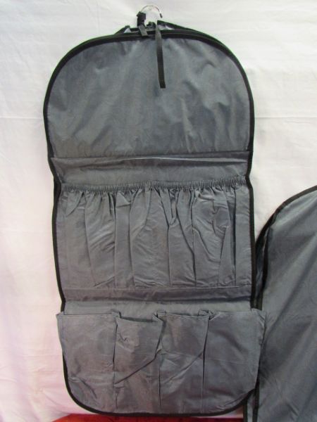 NEVER USED VINTAGE DRESS BAG, TWO VERY NICE GARMENT BAGS WITH ROOM FOR ACCESSORIES & MORE