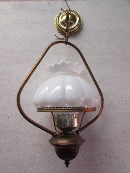 Lot Detail Vintage Hanging Hurricane Style Glass Lamp With Milk Glass