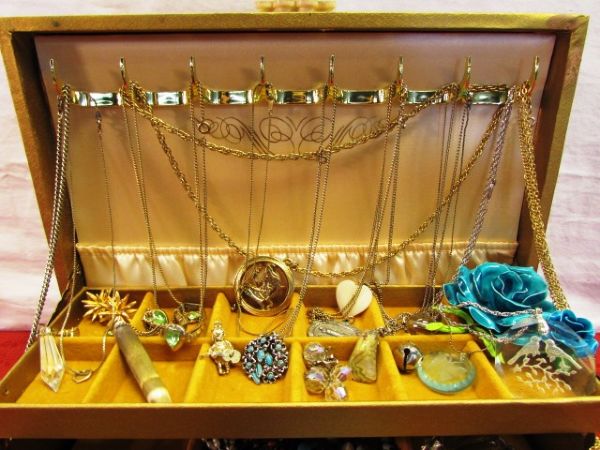 VINTAGE JEWELRY BOX FULL OF JEWELRY - STERLING SILVER, SWAROVSKI CRYSTAL, BEADS, SHELLS MORE