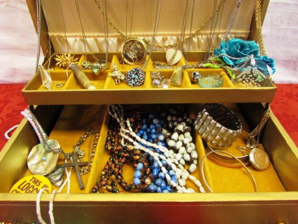 VINTAGE JEWELRY BOX FULL OF JEWELRY - STERLING SILVER, SWAROVSKI CRYSTAL, BEADS, SHELLS MORE