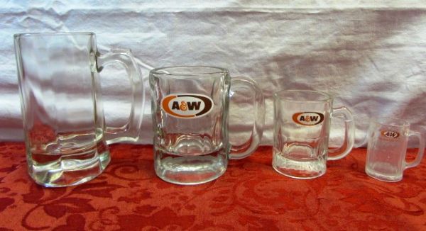 ALL AMERICAN ROOT BEER - 4 ROOTBEER MUGS OF ASSORTED SIZES INCLUDES A&W