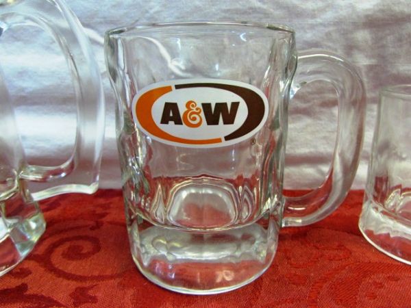 ALL AMERICAN ROOT BEER - 4 ROOTBEER MUGS OF ASSORTED SIZES INCLUDES A&W