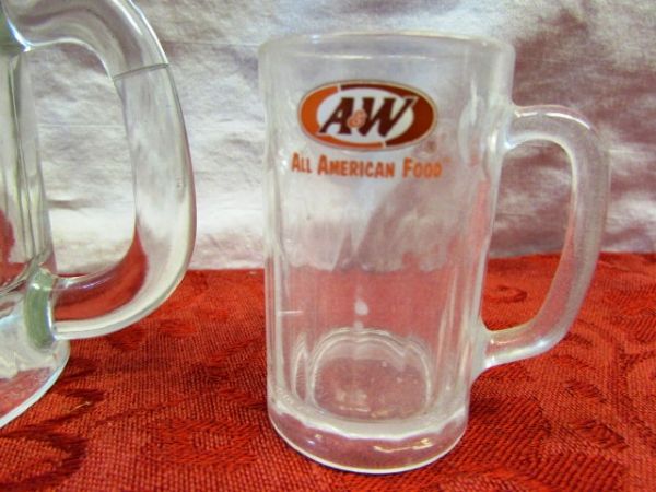 ALL AMERICAN ROOT BEER - 4 ROOTBEER MUGS OF ASSORTED SIZES INCLUDES A&W