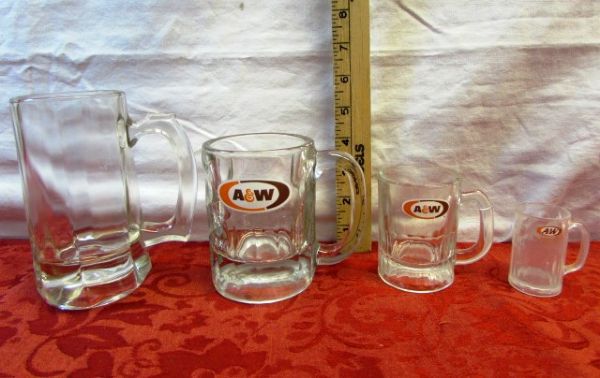 ALL AMERICAN ROOT BEER - 4 ROOTBEER MUGS OF ASSORTED SIZES INCLUDES A&W