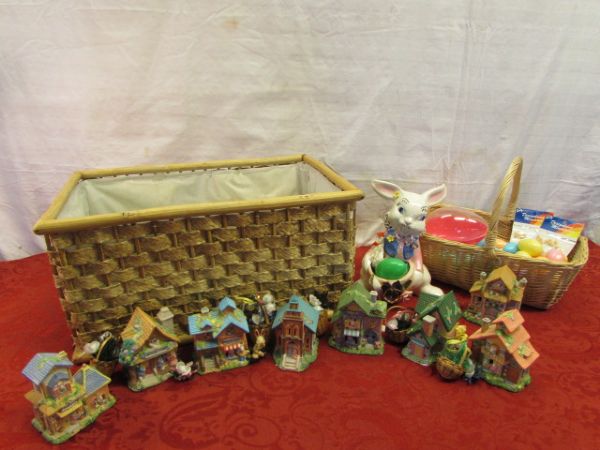 BASKET WITH 8 PIECE CERAMIC EASTER VILLAGE, VINTAGE CERAMIC BUNNY & MORE