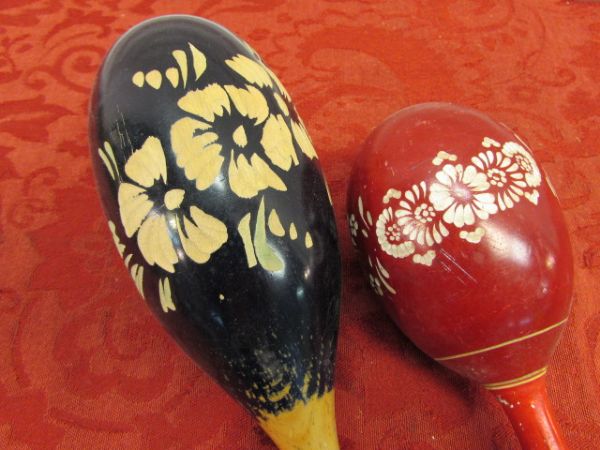 MAKE SOME MUSIC!  VINTAGE INSTRUMENTS - CASTANETS, MARACAS & TIKI GOD PERCUSSION 