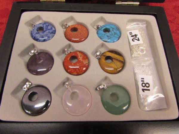 GORGEOUS GEM STONE PENDANT SET - 9 PENDANTS & 2 CHAINS NIB