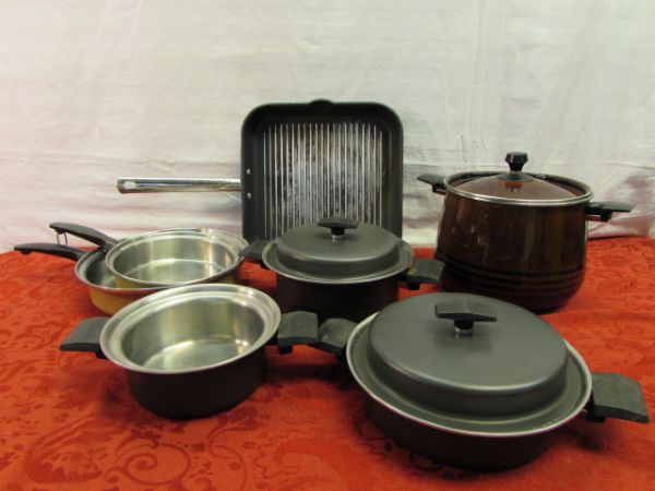 QUALITY COOKWARE WEST BEND MIRACLE MAID POTS, ENAMELWARE STOCK POT, SQUARE GRILL & MORE