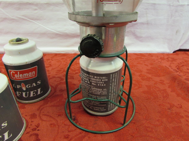 Lot Detail - VINTAGE COLEMAN LANTERN WITH PYREX GLOBE & 3 FUEL REFILLS