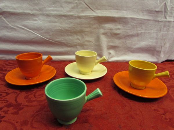 FOUR COLORFUL GENUINE FIESTA WARE ESPRESSO DEMITASSE CUPS & 3 SAUCERS 