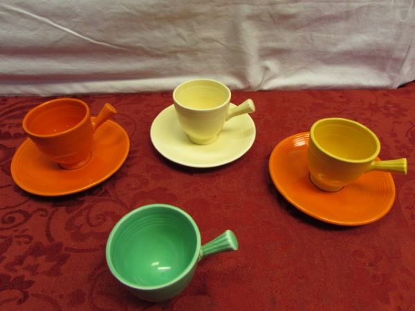 FOUR COLORFUL GENUINE FIESTA WARE ESPRESSO DEMITASSE CUPS & 3 SAUCERS 