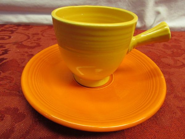 FOUR COLORFUL GENUINE FIESTA WARE ESPRESSO DEMITASSE CUPS & 3 SAUCERS 