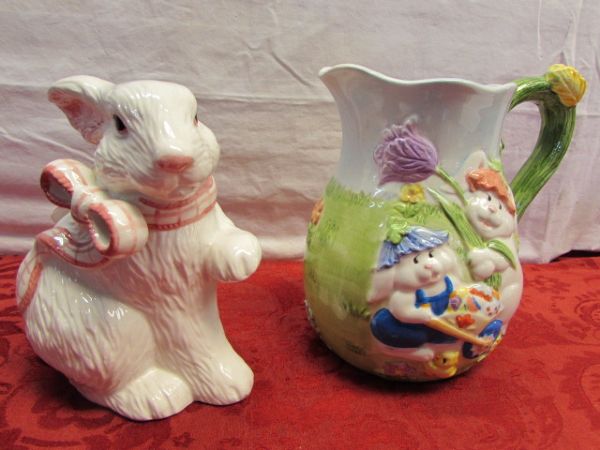 JUST IN TIME FOR EASTER!  DECORATIVE PITCHER & RABBIT FIGURINE