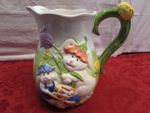 JUST IN TIME FOR EASTER!  DECORATIVE PITCHER & RABBIT FIGURINE