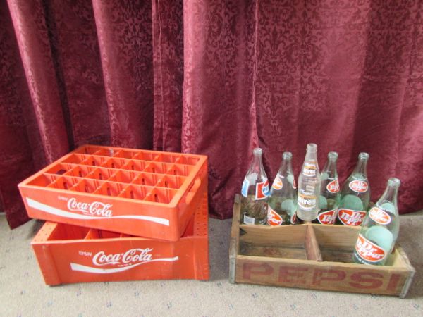 VINTAGE WOOD PEPSI CRATE, PLASTIC COCA COLA CRATES & GLASS DR.PEPPER BOTTLES