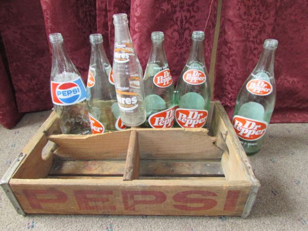 VINTAGE WOOD PEPSI CRATE, PLASTIC COCA COLA CRATES & GLASS DR.PEPPER BOTTLES