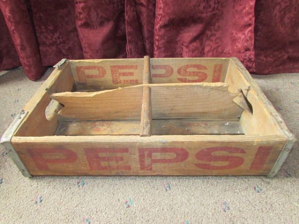 VINTAGE WOOD PEPSI CRATE, PLASTIC COCA COLA CRATES & GLASS DR.PEPPER BOTTLES