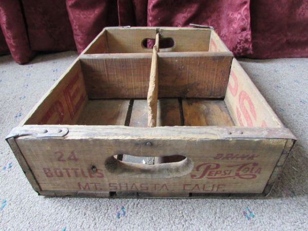 VINTAGE WOOD PEPSI CRATE, PLASTIC COCA COLA CRATES & GLASS DR.PEPPER BOTTLES