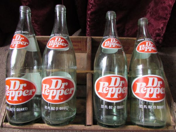 VINTAGE WOOD PEPSI CRATE, PLASTIC COCA COLA CRATES & GLASS DR.PEPPER BOTTLES