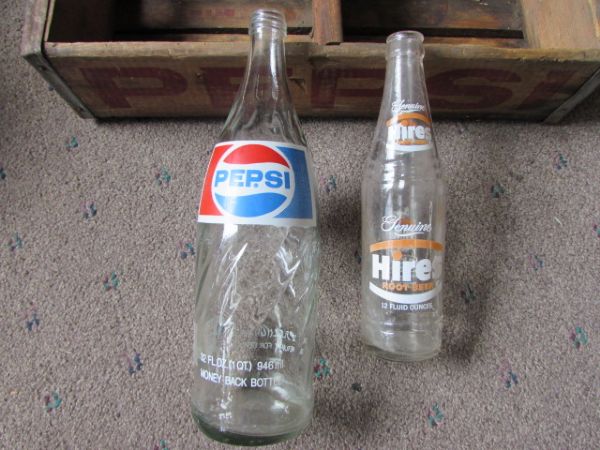 VINTAGE WOOD PEPSI CRATE, PLASTIC COCA COLA CRATES & GLASS DR.PEPPER BOTTLES