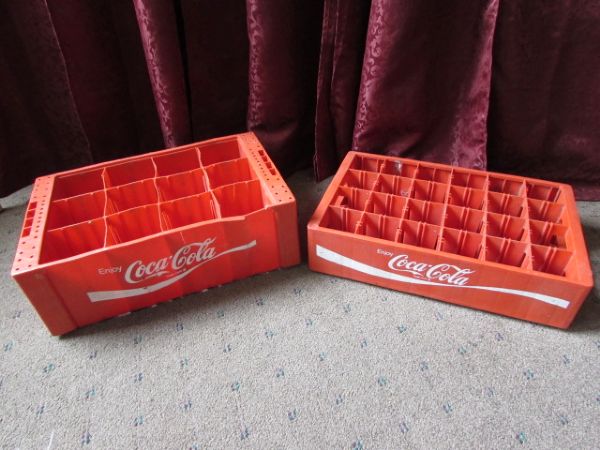 VINTAGE WOOD PEPSI CRATE, PLASTIC COCA COLA CRATES & GLASS DR.PEPPER BOTTLES