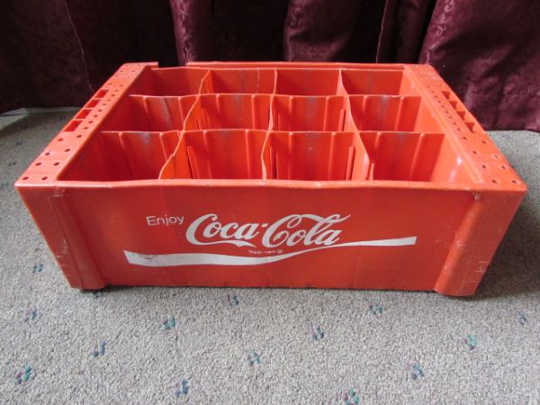 VINTAGE WOOD PEPSI CRATE, PLASTIC COCA COLA CRATES & GLASS DR.PEPPER BOTTLES