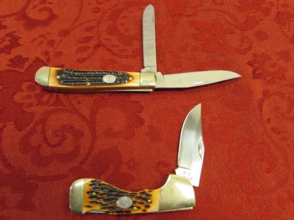 TWO STEEL WARRIOR 440 STAINLESS STEEL POCKET KNIVES WITH BONE HANDLES 