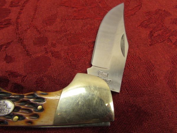 TWO STEEL WARRIOR 440 STAINLESS STEEL POCKET KNIVES WITH BONE HANDLES 