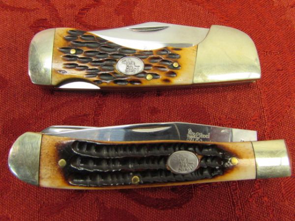 TWO STEEL WARRIOR 440 STAINLESS STEEL POCKET KNIVES WITH BONE HANDLES 