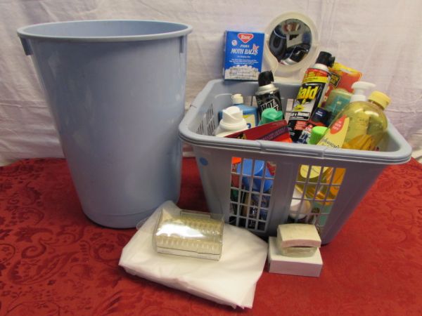 LAUNDRY BASKET FULL OF CLEANING & HOUSEHOLD SUPPLIES & LARGE WASTE BASKET