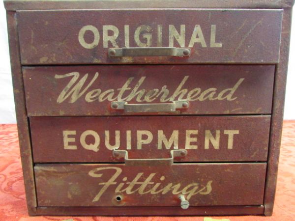 ORIGINAL WEATHERHEAD EQUIPMENT FOUR DRAWER CABINET, FASTENERS, BRASS & . . . 