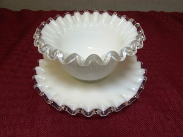 FENTON GLASS SILVER CREST MILK GLASS MAYO  BOWL WITH UNDERPLATE