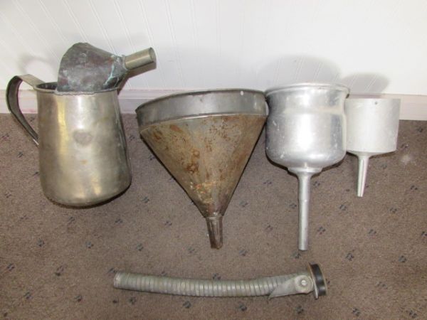 VINTAGE METAL OIL & COFFEE FUNNELS & MORE