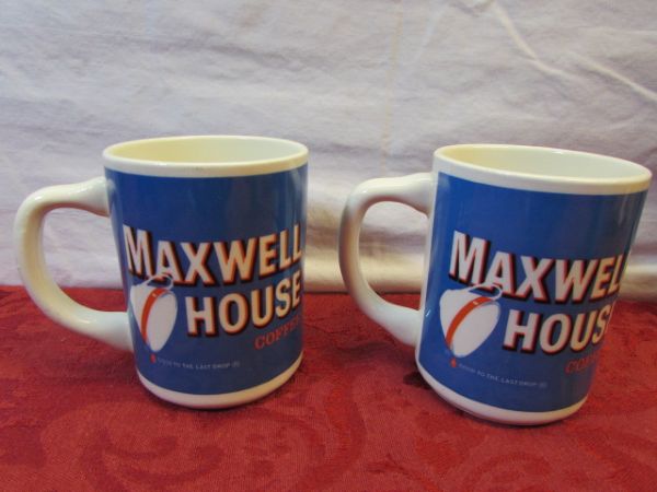 VINTAGE COFFEE COLLECTIBLES - MAXWELL HOUSE MUGS, THERMOMETER, PERCOLATOR & MORE