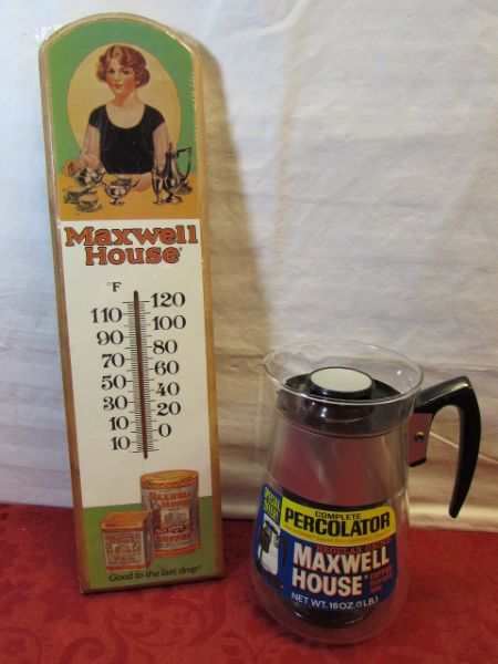 VINTAGE COFFEE COLLECTIBLES - MAXWELL HOUSE MUGS, THERMOMETER, PERCOLATOR & MORE