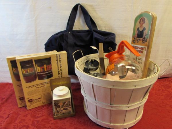 VINTAGE COFFEE COLLECTIBLES - MAXWELL HOUSE MUGS, THERMOMETER, PERCOLATOR & MORE