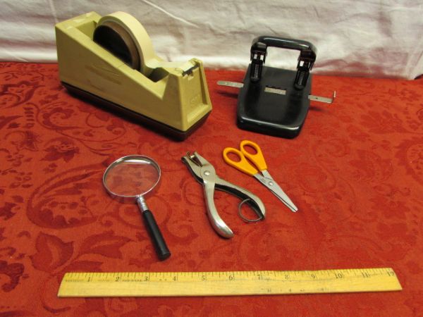 OFFICE SUPPLIES FOR AT HOME & ON THE GO - NINE WEST TOTE, HOLE PUNCH, PHONE, TAPE DISPENSER & MORE