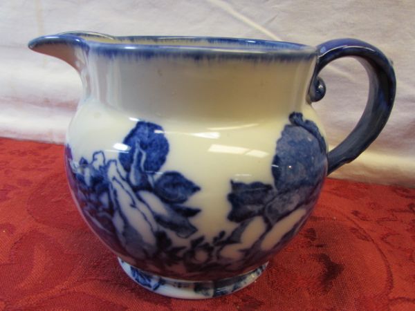 BEAUTIFUL IRONSTONE  PITCHER, TRANSFERWARE, STONE WARE, COBALT GLASS & MORE 