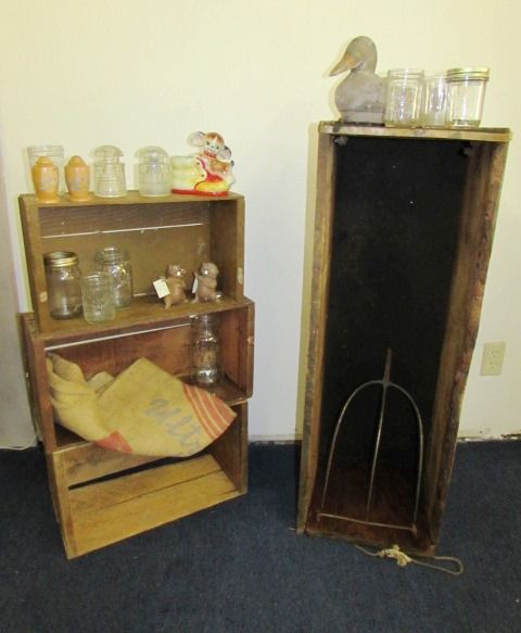 RUSTIC CRATE SHELVING & PRIMITIVE WOOD BOX, KERR & BALL JARS, VINTAGE KNICK KNACKS, WOOD DECOY & . . . . .