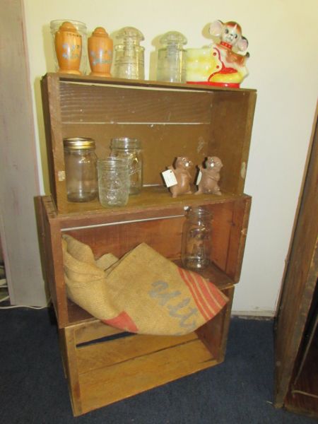 RUSTIC CRATE SHELVING & PRIMITIVE WOOD BOX, KERR & BALL JARS, VINTAGE KNICK KNACKS, WOOD DECOY & . . . . .