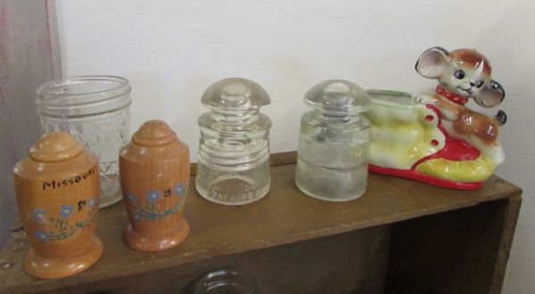 RUSTIC CRATE SHELVING & PRIMITIVE WOOD BOX, KERR & BALL JARS, VINTAGE KNICK KNACKS, WOOD DECOY & . . . . .