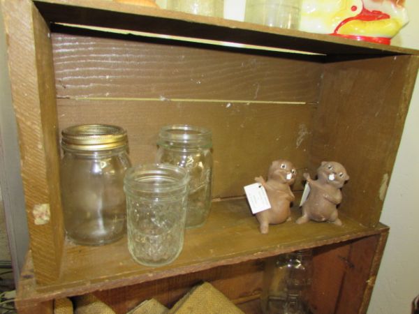 RUSTIC CRATE SHELVING & PRIMITIVE WOOD BOX, KERR & BALL JARS, VINTAGE KNICK KNACKS, WOOD DECOY & . . . . .