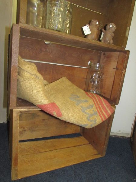 RUSTIC CRATE SHELVING & PRIMITIVE WOOD BOX, KERR & BALL JARS, VINTAGE KNICK KNACKS, WOOD DECOY & . . . . .