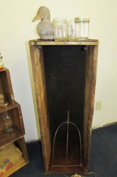 RUSTIC CRATE SHELVING & PRIMITIVE WOOD BOX, KERR & BALL JARS, VINTAGE KNICK KNACKS, WOOD DECOY & . . . . .