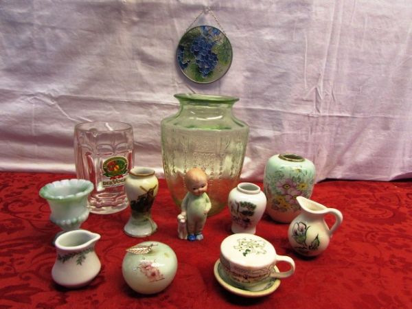 COLLECTION OF  NICE VINTAGE ITEMS INCLUDES DERPESSION GLASS  HAND PAINTED NIPPON VASE, MILK SLAG GLASS, MARBLE & MORE